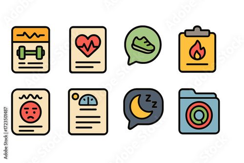 Fitness and health flat icon set. exercise, wellness, and health tracking icons collection