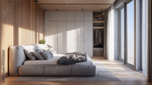 Minimalist apartment bedroom design with large fabric bed, wood-paneled accents, modern wardrobe, and natural light highlighting clean details