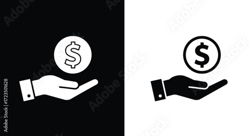 Hand holding coin icon set, financial support illustration, money transaction symbols, receiving payment concept, economy and business finance artwork