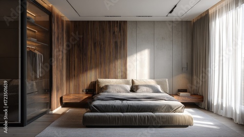 Minimalist apartment bedroom design with large fabric bed, wood-paneled accents, modern wardrobe, and natural light highlighting clean details