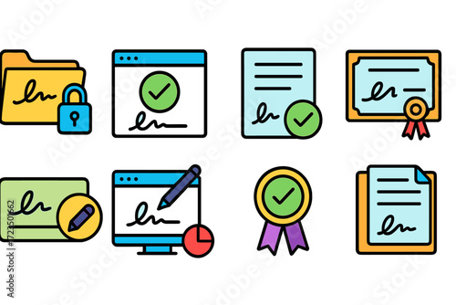 Electronic signature flat icon set featuring certification and document symbols
