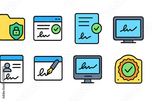 Document security icon set. flat design for file protection and digital authentication.