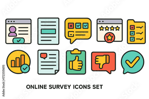 Online survey flat icon set. feedback, data collection, survey response icons