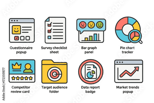 Data analysis flat icon set. survey, chart, and analytics icons collection