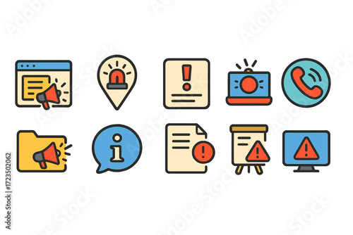 Notification and alert flat icon set. warning, message, and alert flat design icons.