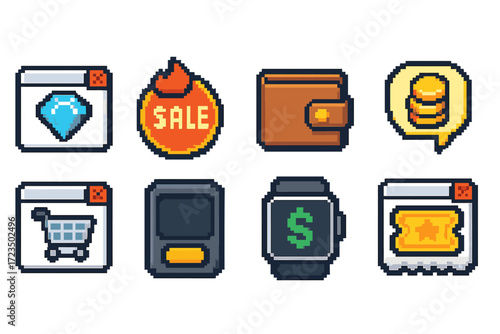 Ecommerce and shopping pixel icon set. digital, pixelated symbols for online shops