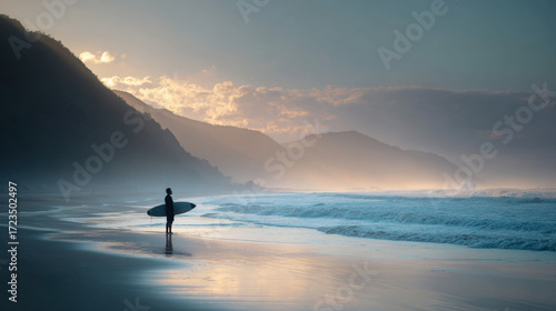 Surfer standing on sandy beach holding surfboard looking toward ocean waves under cloudy sunset sky with mountains in background creating serene atmosphere ideal for relaxation.