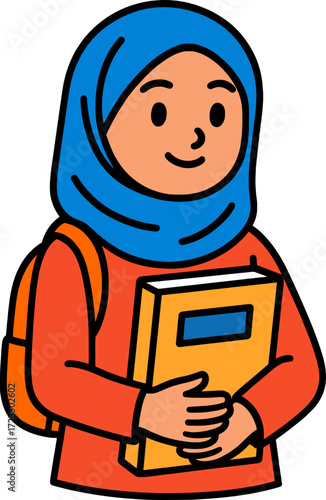 Flat vector of a young muslim girl student in hijab holding book, modern colorful style