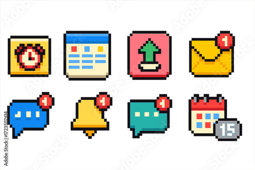 Pixel art icon set with notifications, reminders, and alerts in a retro style