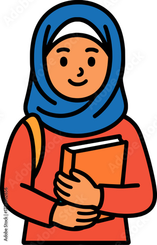 Flat vector of a young muslim girl student in hijab holding book, modern colorful style