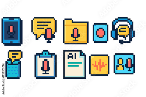Voice assistant icon set. microphone, ai technology icons in pixelated 3d style.