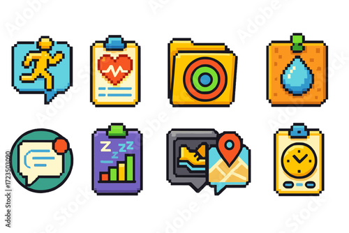 Pixel art icon set for productivity and communication with a retro feel