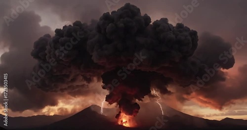 Mesmerizing interplay of light and shadow across the vast, undulating surfaces of a volcanic ash cloud, with distant volcanic lightning illuminating its deep, complex textures. no data