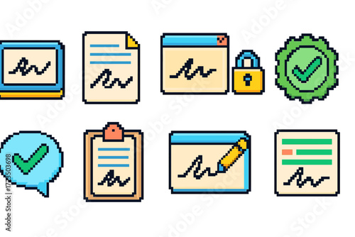Document management flat icon set. digital signature, approval icons collection