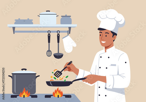 A smiling professional chef in a uniform and hat is cooking a gourmet meal with a pan in a restaurant kitchen