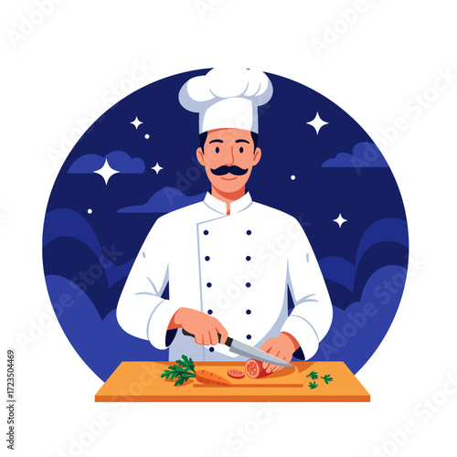 A male chef is cutting carrots, vector illustration