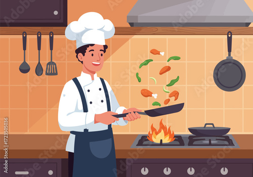 A male chef actively cooking in a kitchen, vector illustration design