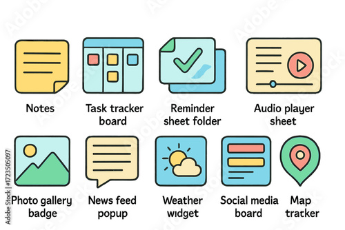Productivity and utility icon set: flat icons collection for apps and software
