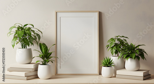 Lifestyle mockup of poster frame with houseplants and books in soft neutral home decor