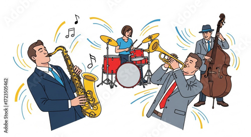 A lively jazz band performing with saxophone, trumpet, drums, and bass, , capturing the energy of live music