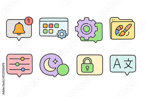 Settings and tools flat icon set. configuration, adjustment, preferences icons collection