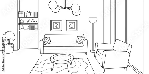 Living room graphic black white home interior sketch illustration vector 