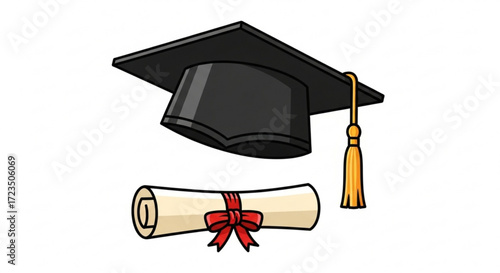 Illustration of a graduation cap and diploma, symbolizing academic achievement and the culmination of studies