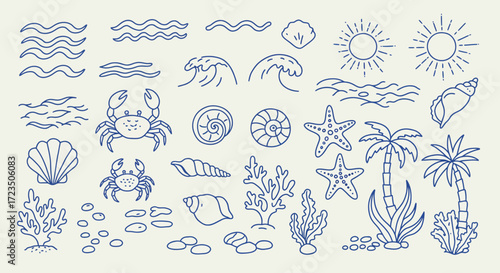 A charming collection of hand-drawn vintage summer illustrations, showcasing diverse ocean elements like waves, crabs, seashells, and starfish for nautical designs