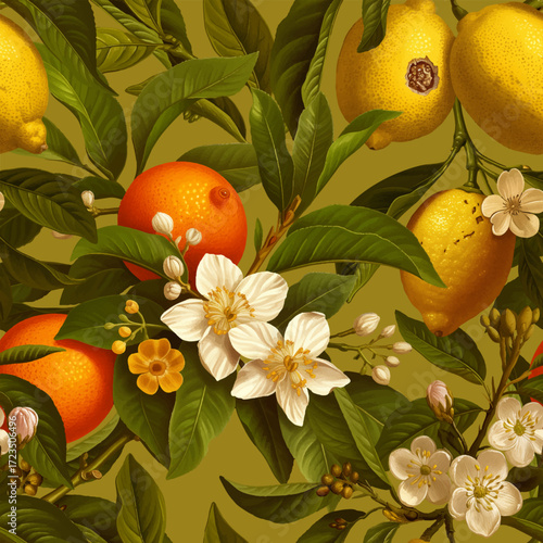 Seamless vector pattern with lemon and orange branches isolated on a changeable background. Vintage painting style illustration.