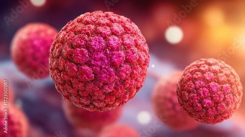Vibrant Microscopic View of Pink Viral Particles in a Cell Environment