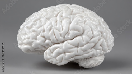 White Porcelain Brain Sculpture on Gray Background for Art Display