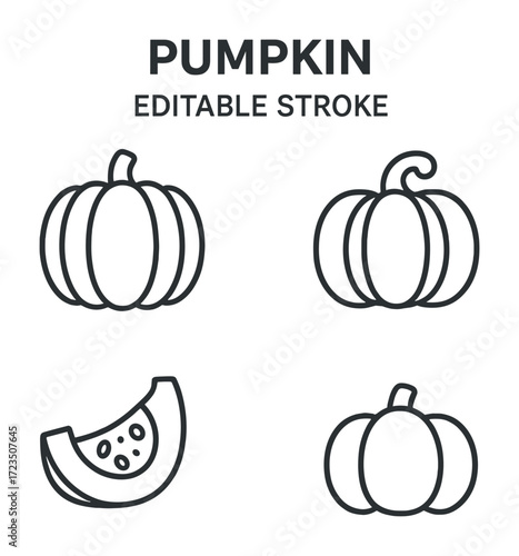 Outline of pumpkins and pumpkin slice with editable stroke