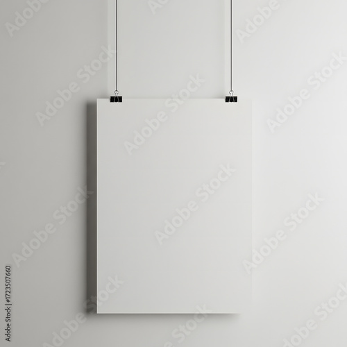Poster mockup clipped on string hanging against white wall minimalist background