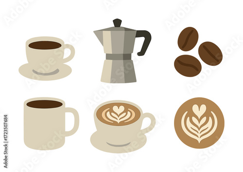 Coffee icons: espresso, cappuccino, moka pot, coffee beans, latte art