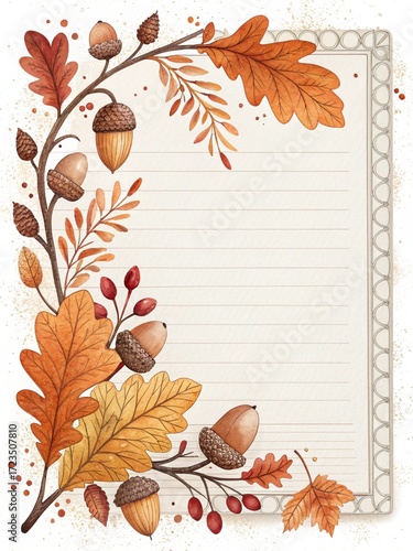 Illustration of autumn leaves, oak branch with acorns on the background of a notebook page