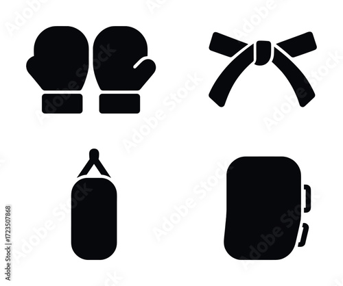 Boxing and martial arts equipment icons: gloves, belt, punching bag, headgear