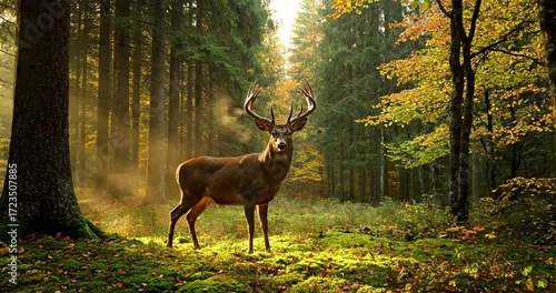 A serene wide shot of a pristine forest landscape with a subtle presence of deer, emphasizing the untouched wilderness and tranquil environment. no data