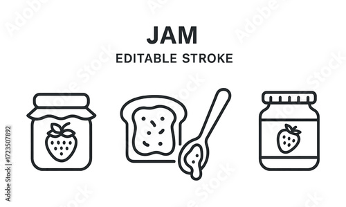 Jam outline icons with jar, bread, spoon - editable stroke for food design