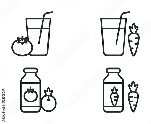 Tomato and carrot juice icons: line art beverage symbols with straw