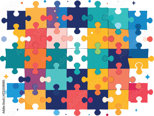 Vibrant, interconnected jigsaw puzzle pieces pattern, a versatile generative shape fill vector template. Symbolizes unity, problem-solving, and teamwork concepts