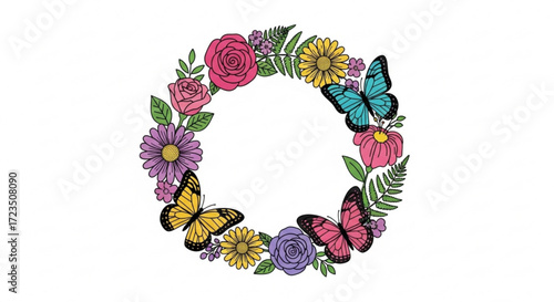 A delicate floral wreath adorned with colorful butterflies, creating a whimsical and enchanting design