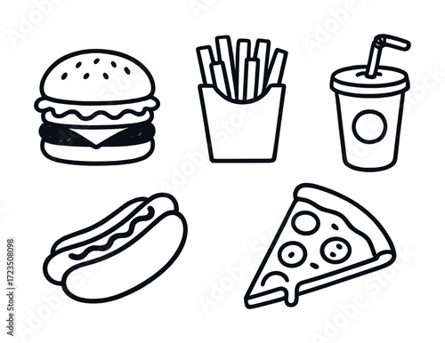 Outline icons of burger, fries, soda, hot dog, and pizza slice on white background