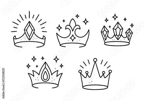 Collection of hand-drawn crown illustrations with star and jewel accents