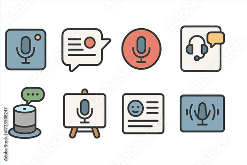 Podcast and audio line icon set. microphone, headphones, communication icons collection