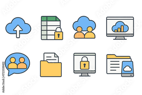 Cloud storage and security flat icon set. data protection and backup flat icons pack