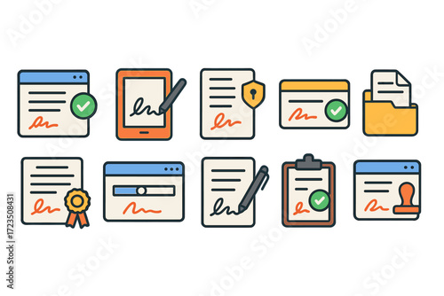 Document management icon set. flat icons for digital, filing, and signature tools.
