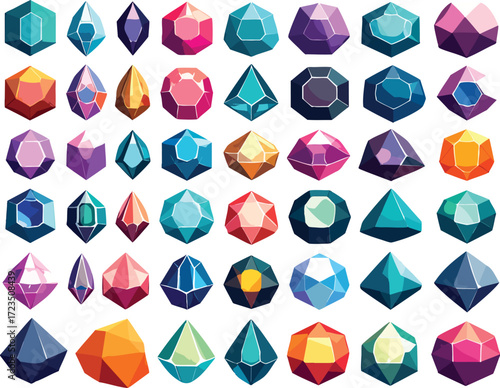 Vibrant collection of geometric generative shape fill vector template gems and jewels for design assets and creative projects, showcasing diverse faceted forms and brilliant colors