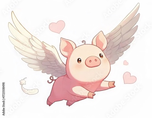 翼を持つピンクの豚のイラストとハートの装飾