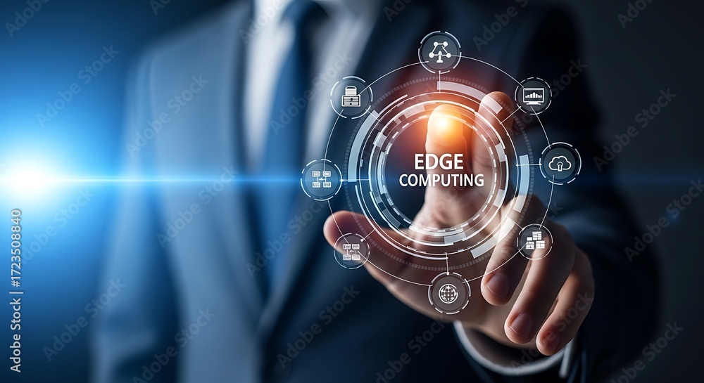 Fototapeta premium Businessman touching a futuristic interface displaying the concept of edge computing with network icons
