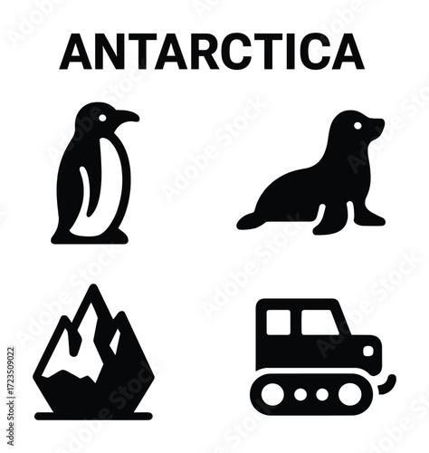 Antarctica icons: penguin, seal, mountains, snow vehicle